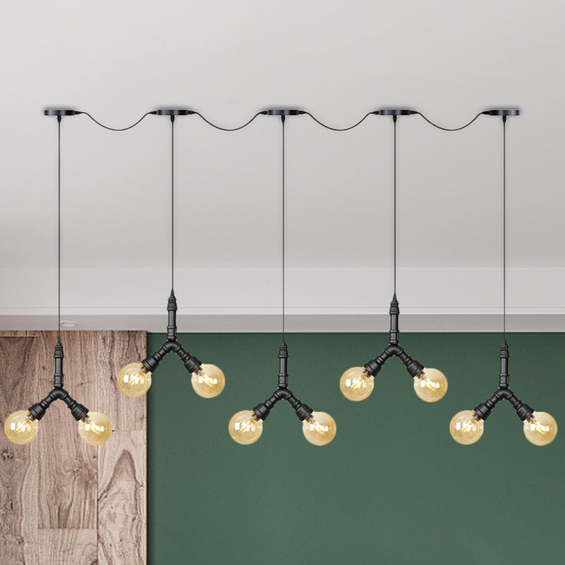 Vintage Sphere LED Multi Lamp Pendant 6/10/14-Bulb Amber Glass Swag Hanging Light Fixture in Black 10 Black Clearhalo 'Ceiling Lights' 'Glass shade' 'Glass' 'Industrial Pendants' 'Industrial' 'Middle Century Pendants' 'Pendant Lights' 'Pendants' 'Tiffany' Lighting' 738990