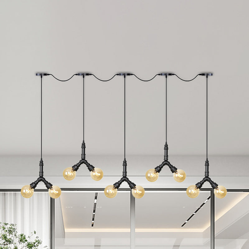 Vintage Sphere LED Multi Lamp Pendant 6/10/14-Bulb Amber Glass Swag Hanging Light Fixture in Black Clearhalo 'Ceiling Lights' 'Glass shade' 'Glass' 'Industrial Pendants' 'Industrial' 'Middle Century Pendants' 'Pendant Lights' 'Pendants' 'Tiffany' Lighting' 738991