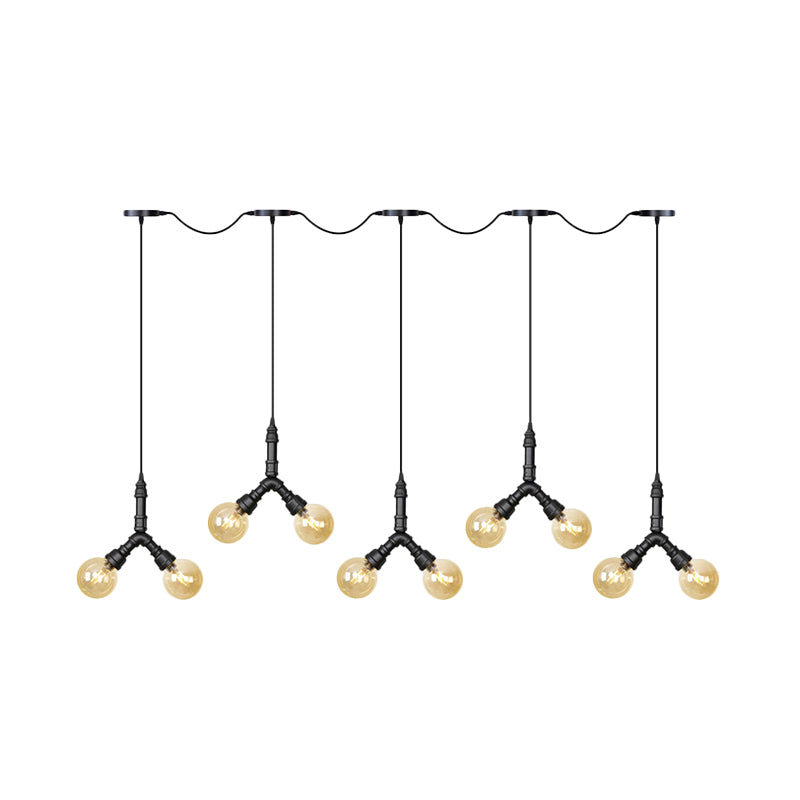 Vintage Sphere LED Multi Lamp Pendant 6/10/14-Bulb Amber Glass Swag Hanging Light Fixture in Black Clearhalo 'Ceiling Lights' 'Glass shade' 'Glass' 'Industrial Pendants' 'Industrial' 'Middle Century Pendants' 'Pendant Lights' 'Pendants' 'Tiffany' Lighting' 738992