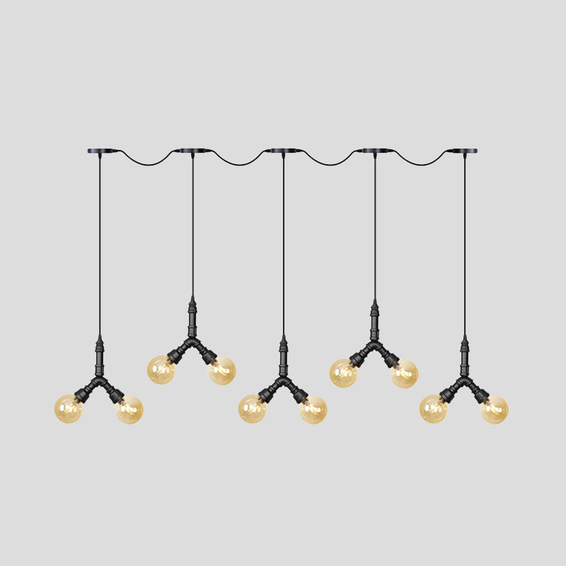 Vintage Sphere LED Multi Lamp Pendant 6/10/14-Bulb Amber Glass Swag Hanging Light Fixture in Black Clearhalo 'Ceiling Lights' 'Glass shade' 'Glass' 'Industrial Pendants' 'Industrial' 'Middle Century Pendants' 'Pendant Lights' 'Pendants' 'Tiffany' Lighting' 738993