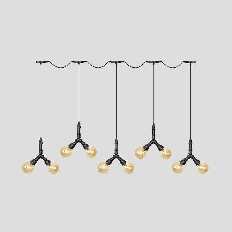 Vintage Sphere LED Multi Lamp Pendant 6/10/14-Bulb Amber Glass Swag Hanging Light Fixture in Black Clearhalo 'Ceiling Lights' 'Glass shade' 'Glass' 'Industrial Pendants' 'Industrial' 'Middle Century Pendants' 'Pendant Lights' 'Pendants' 'Tiffany' Lighting' 738993