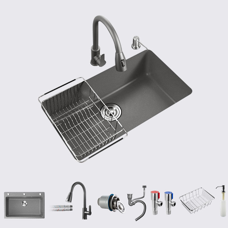 Quartz Kitchen Sink Contemporary Single Bowl Kitchen Sink with Strainer Sink with Faucet Pull Out Faucet Clearhalo 'Home Improvement' 'home_improvement' 'home_improvement_kitchen_sinks' 'Kitchen Remodel & Kitchen Fixtures' 'Kitchen Sinks & Faucet Components' 'Kitchen Sinks' 'kitchen_sinks' 7389953