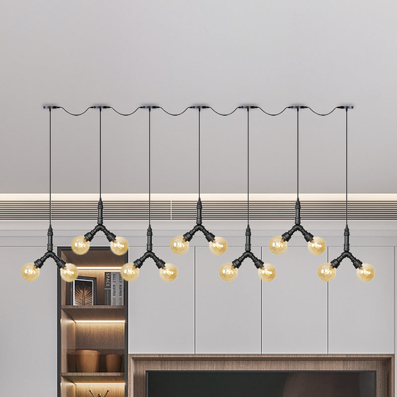 Vintage Sphere LED Multi Lamp Pendant 6/10/14-Bulb Amber Glass Swag Hanging Light Fixture in Black Clearhalo 'Ceiling Lights' 'Glass shade' 'Glass' 'Industrial Pendants' 'Industrial' 'Middle Century Pendants' 'Pendant Lights' 'Pendants' 'Tiffany' Lighting' 738996