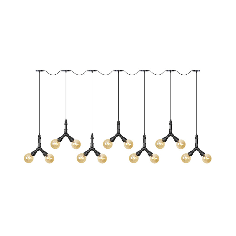 Vintage Sphere LED Multi Lamp Pendant 6/10/14-Bulb Amber Glass Swag Hanging Light Fixture in Black Clearhalo 'Ceiling Lights' 'Glass shade' 'Glass' 'Industrial Pendants' 'Industrial' 'Middle Century Pendants' 'Pendant Lights' 'Pendants' 'Tiffany' Lighting' 738997
