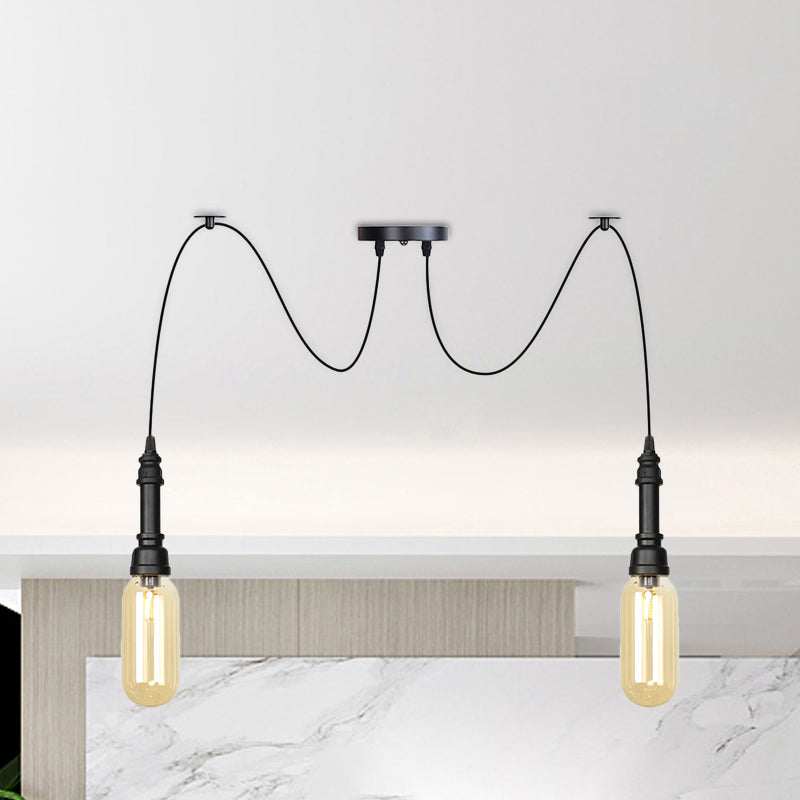 Capsule Coffee House Multi Ceiling Light Antiqued Amber Glass 2/3/6 Heads Black Swag LED Suspension Pendant 2 Black Clearhalo 'Ceiling Lights' 'Glass shade' 'Glass' 'Industrial Pendants' 'Industrial' 'Middle Century Pendants' 'Pendant Lights' 'Pendants' 'Tiffany' Lighting' 739033