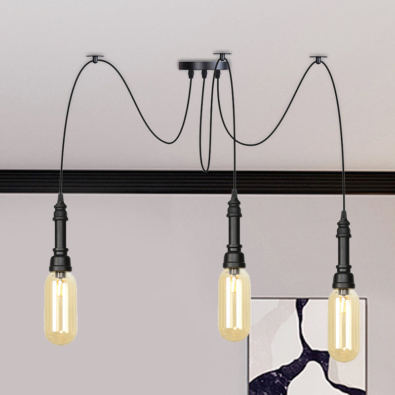 Capsule Coffee House Multi Ceiling Light Antiqued Amber Glass 2/3/6 Heads Black Swag LED Suspension Pendant 3 Black Clearhalo 'Ceiling Lights' 'Glass shade' 'Glass' 'Industrial Pendants' 'Industrial' 'Middle Century Pendants' 'Pendant Lights' 'Pendants' 'Tiffany' Lighting' 739037
