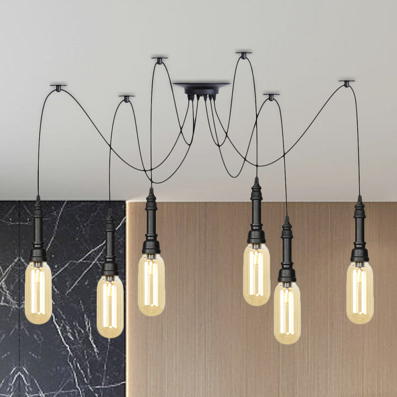 Capsule Coffee House Multi Ceiling Light Antiqued Amber Glass 2/3/6 Heads Black Swag LED Suspension Pendant 6 Black Clearhalo 'Ceiling Lights' 'Glass shade' 'Glass' 'Industrial Pendants' 'Industrial' 'Middle Century Pendants' 'Pendant Lights' 'Pendants' 'Tiffany' Lighting' 739042