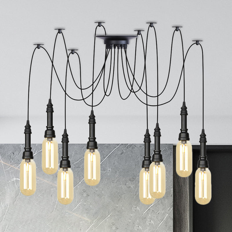 Capsule Coffee House Multi Ceiling Light Antiqued Amber Glass 2/3/6 Heads Black Swag LED Suspension Pendant 8 Black Clearhalo 'Ceiling Lights' 'Glass shade' 'Glass' 'Industrial Pendants' 'Industrial' 'Middle Century Pendants' 'Pendant Lights' 'Pendants' 'Tiffany' Lighting' 739047