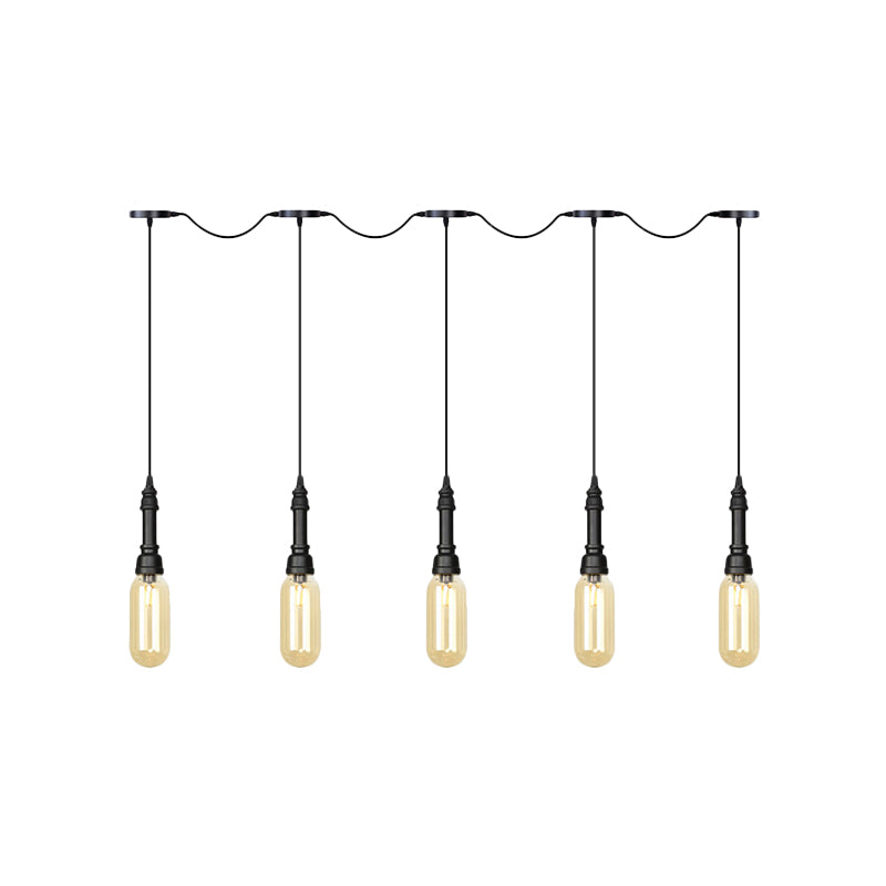 3/5/7 Lights Capsule Multi Light Chandelier Industrial Black Finish Amber Glass Tandem LED Hanging Ceiling Lamp Clearhalo 'Ceiling Lights' 'Glass shade' 'Glass' 'Industrial Pendants' 'Industrial' 'Middle Century Pendants' 'Pendant Lights' 'Pendants' 'Tiffany' Lighting' 739058