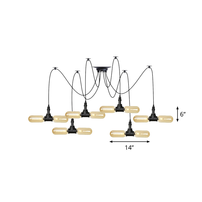 4/6/12-Bulb Amber Glass LED Pendant Vintage Black Capsule Restaurant Swag LED Multi Ceiling Lamp Clearhalo 'Ceiling Lights' 'Glass shade' 'Glass' 'Industrial Pendants' 'Industrial' 'Middle Century Pendants' 'Pendant Lights' 'Pendants' 'Tiffany' Lighting' 739079