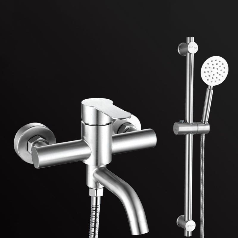 Modern Bathtub Faucet 304 Stainless Steel Swivel Spout Wall Mounted Tub Faucet Trim Circle Shower Head Risers Included Clearhalo 'Bathroom Remodel & Bathroom Fixtures' 'Bathtub Faucets' 'bathtub_faucets' 'Home Improvement' 'home_improvement' 'home_improvement_bathtub_faucets' 7390844