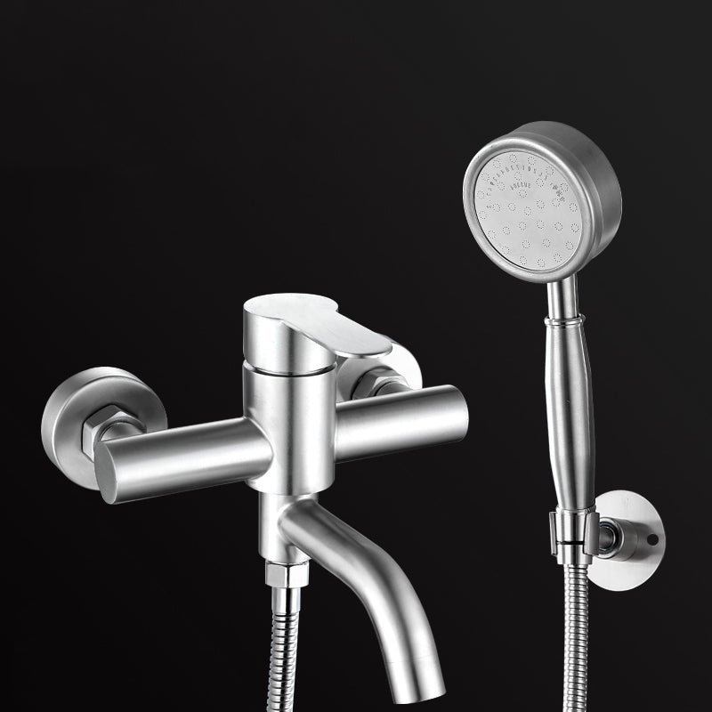 Modern Bathtub Faucet 304 Stainless Steel Swivel Spout Wall Mounted Tub Faucet Trim Pressurized Shower Head & Omni-Directional Base Risers Not Included Clearhalo 'Bathroom Remodel & Bathroom Fixtures' 'Bathtub Faucets' 'bathtub_faucets' 'Home Improvement' 'home_improvement' 'home_improvement_bathtub_faucets' 7390857