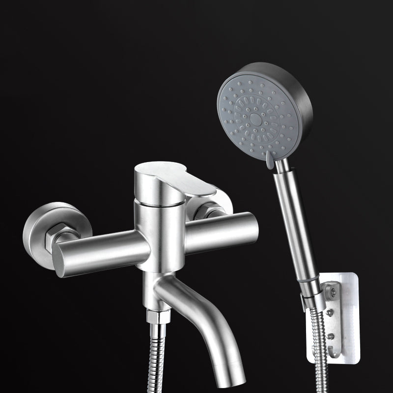 Modern Bathtub Faucet 304 Stainless Steel Swivel Spout Wall Mounted Tub Faucet Trim Tri-Mode Shower Head & Non Perforated Base Risers Not Included Clearhalo 'Bathroom Remodel & Bathroom Fixtures' 'Bathtub Faucets' 'bathtub_faucets' 'Home Improvement' 'home_improvement' 'home_improvement_bathtub_faucets' 7390861