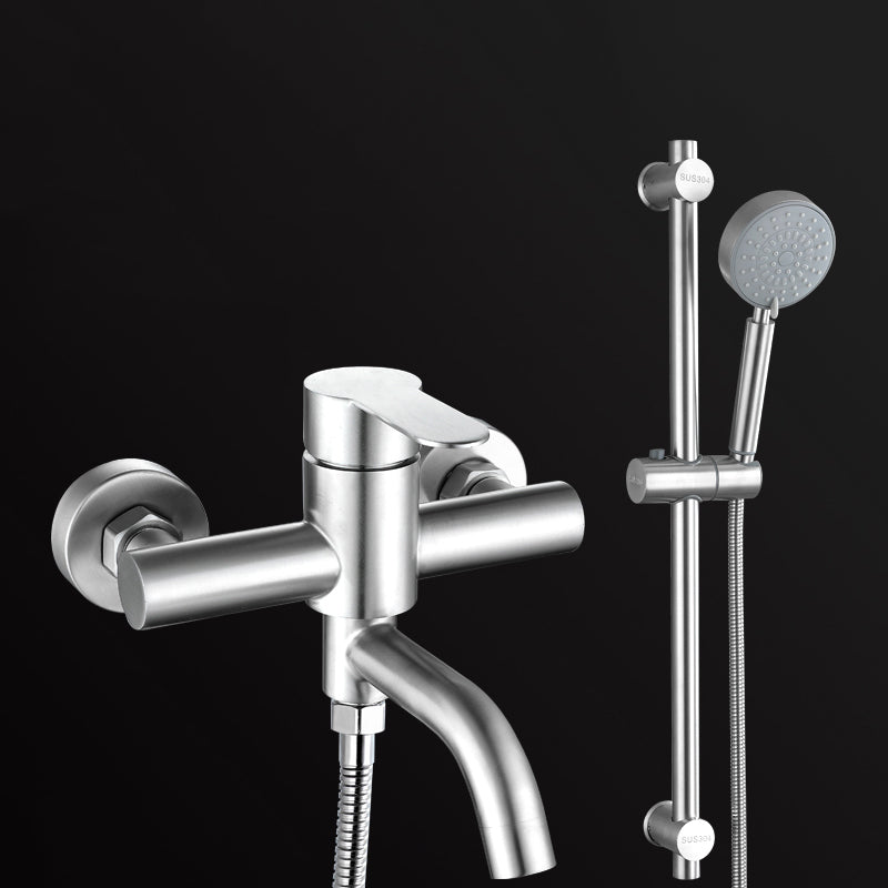 Modern Bathtub Faucet 304 Stainless Steel Swivel Spout Wall Mounted Tub Faucet Trim Tri-Mode Handshower Risers Included Clearhalo 'Bathroom Remodel & Bathroom Fixtures' 'Bathtub Faucets' 'bathtub_faucets' 'Home Improvement' 'home_improvement' 'home_improvement_bathtub_faucets' 7390863