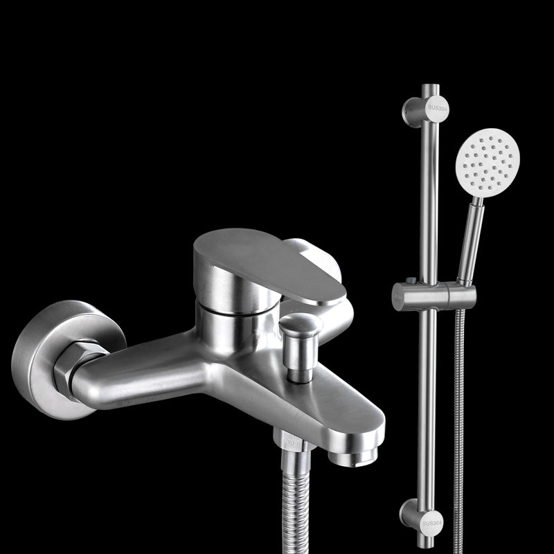 Contemporary Tub Filler Trim 304 Stainless Steel Wall Mount Tub Faucet Circle Shower Head Risers Included Clearhalo 'Bathroom Remodel & Bathroom Fixtures' 'Bathtub Faucets' 'bathtub_faucets' 'Home Improvement' 'home_improvement' 'home_improvement_bathtub_faucets' 7390868