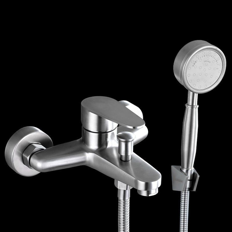 Contemporary Tub Filler Trim 304 Stainless Steel Wall Mount Tub Faucet Pressurized Shower Head & Base Risers Not Included Clearhalo 'Bathroom Remodel & Bathroom Fixtures' 'Bathtub Faucets' 'bathtub_faucets' 'Home Improvement' 'home_improvement' 'home_improvement_bathtub_faucets' 7390869