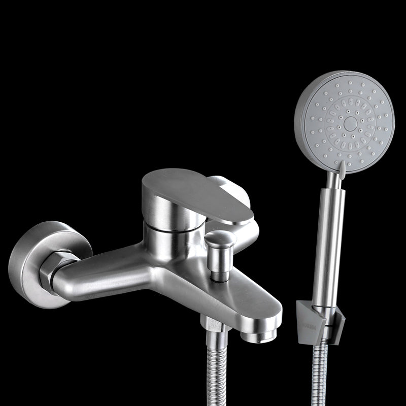 Contemporary Tub Filler Trim 304 Stainless Steel Wall Mount Tub Faucet Tri-Mode Shower Head & Base Risers Not Included Clearhalo 'Bathroom Remodel & Bathroom Fixtures' 'Bathtub Faucets' 'bathtub_faucets' 'Home Improvement' 'home_improvement' 'home_improvement_bathtub_faucets' 7390872