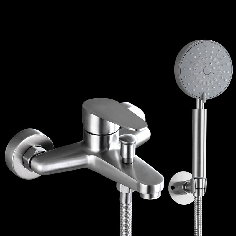 Contemporary Tub Filler Trim 304 Stainless Steel Wall Mount Tub Faucet Tri-Mode Shower Head & Omni-Directional Base Risers Not Included Clearhalo 'Bathroom Remodel & Bathroom Fixtures' 'Bathtub Faucets' 'bathtub_faucets' 'Home Improvement' 'home_improvement' 'home_improvement_bathtub_faucets' 7390874
