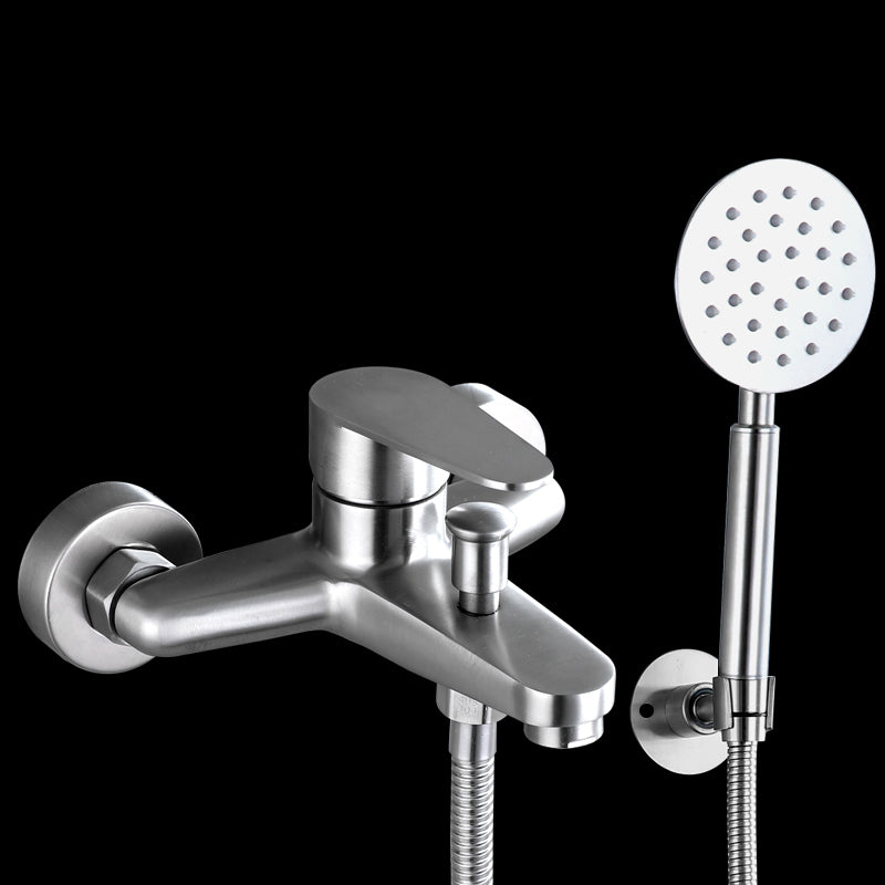Contemporary Tub Filler Trim 304 Stainless Steel Wall Mount Tub Faucet Round Shower Head & Omni-Directional Base Risers Not Included Clearhalo 'Bathroom Remodel & Bathroom Fixtures' 'Bathtub Faucets' 'bathtub_faucets' 'Home Improvement' 'home_improvement' 'home_improvement_bathtub_faucets' 7390876