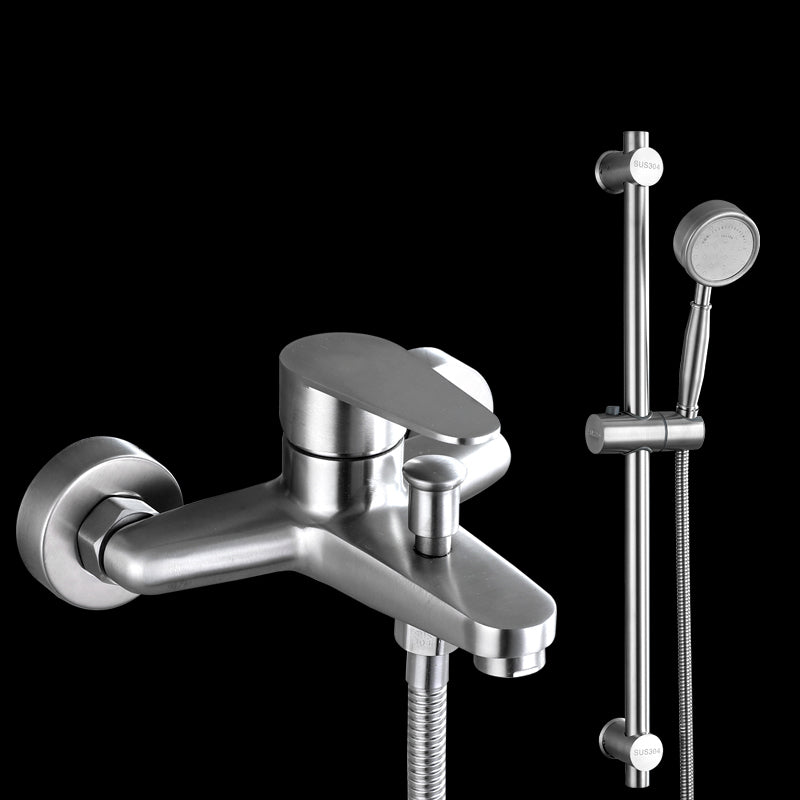 Contemporary Tub Filler Trim 304 Stainless Steel Wall Mount Tub Faucet Pressurized Shower Head Risers Included Clearhalo 'Bathroom Remodel & Bathroom Fixtures' 'Bathtub Faucets' 'bathtub_faucets' 'Home Improvement' 'home_improvement' 'home_improvement_bathtub_faucets' 7390878