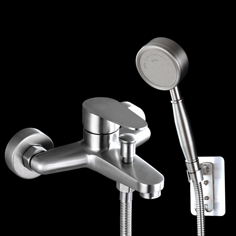 Contemporary Tub Filler Trim 304 Stainless Steel Wall Mount Tub Faucet Pressurized Shower Head & Non Perforated Base Risers Not Included Clearhalo 'Bathroom Remodel & Bathroom Fixtures' 'Bathtub Faucets' 'bathtub_faucets' 'Home Improvement' 'home_improvement' 'home_improvement_bathtub_faucets' 7390879