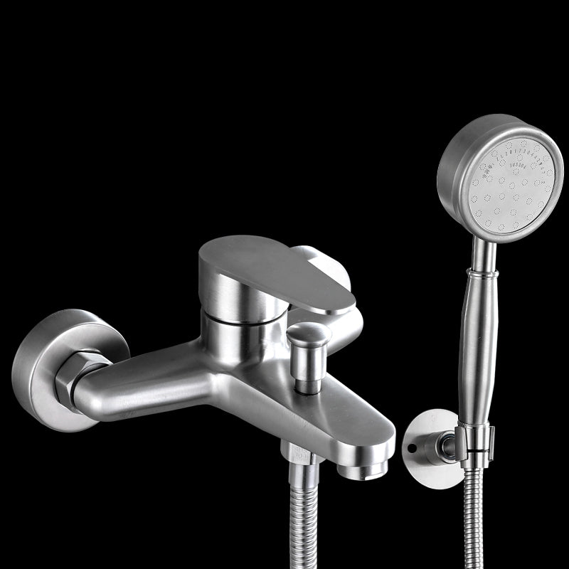 Contemporary Tub Filler Trim 304 Stainless Steel Wall Mount Tub Faucet Pressurized Shower Head & Omni-Directional Base Risers Not Included Clearhalo 'Bathroom Remodel & Bathroom Fixtures' 'Bathtub Faucets' 'bathtub_faucets' 'Home Improvement' 'home_improvement' 'home_improvement_bathtub_faucets' 7390881