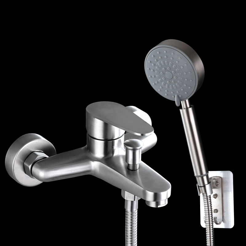 Contemporary Tub Filler Trim 304 Stainless Steel Wall Mount Tub Faucet Tri-Mode Shower Head & Non Perforated Base Risers Not Included Clearhalo 'Bathroom Remodel & Bathroom Fixtures' 'Bathtub Faucets' 'bathtub_faucets' 'Home Improvement' 'home_improvement' 'home_improvement_bathtub_faucets' 7390885