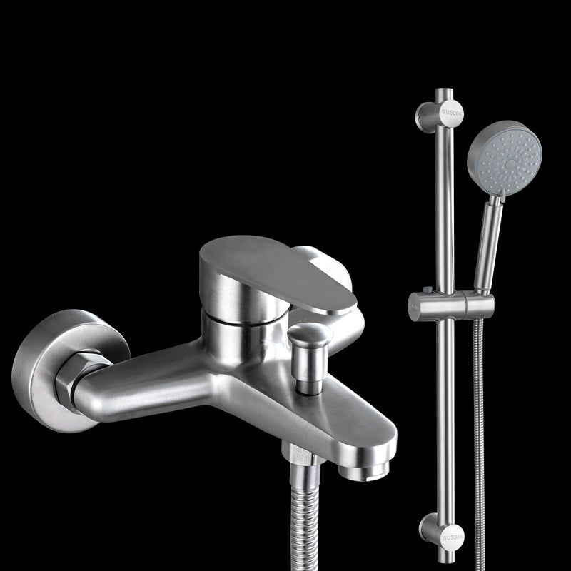 Contemporary Tub Filler Trim 304 Stainless Steel Wall Mount Tub Faucet Tri-Mode Handshower Risers Included Clearhalo 'Bathroom Remodel & Bathroom Fixtures' 'Bathtub Faucets' 'bathtub_faucets' 'Home Improvement' 'home_improvement' 'home_improvement_bathtub_faucets' 7390887
