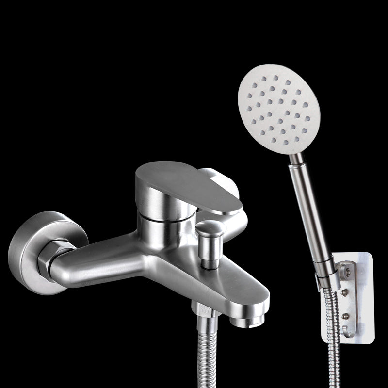 Contemporary Tub Filler Trim 304 Stainless Steel Wall Mount Tub Faucet Round Shower Head & Non Perforated Base Risers Not Included Clearhalo 'Bathroom Remodel & Bathroom Fixtures' 'Bathtub Faucets' 'bathtub_faucets' 'Home Improvement' 'home_improvement' 'home_improvement_bathtub_faucets' 7390888
