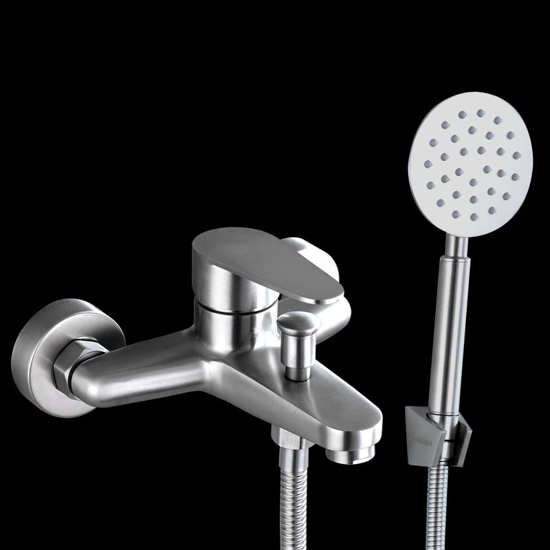 Contemporary Tub Filler Trim 304 Stainless Steel Wall Mount Tub Faucet Round Shower Head & Base Risers Not Included Clearhalo 'Bathroom Remodel & Bathroom Fixtures' 'Bathtub Faucets' 'bathtub_faucets' 'Home Improvement' 'home_improvement' 'home_improvement_bathtub_faucets' 7390889