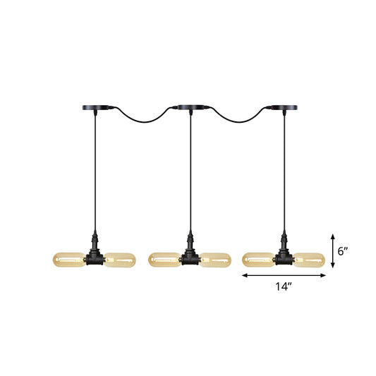 Amber Glass Black Hanging Light Capsule 6/10/14-Light Antiqued LED Tandem Multi Lamp Pendant Clearhalo 'Ceiling Lights' 'Glass shade' 'Glass' 'Industrial Pendants' 'Industrial' 'Middle Century Pendants' 'Pendant Lights' 'Pendants' 'Tiffany' Lighting' 739088