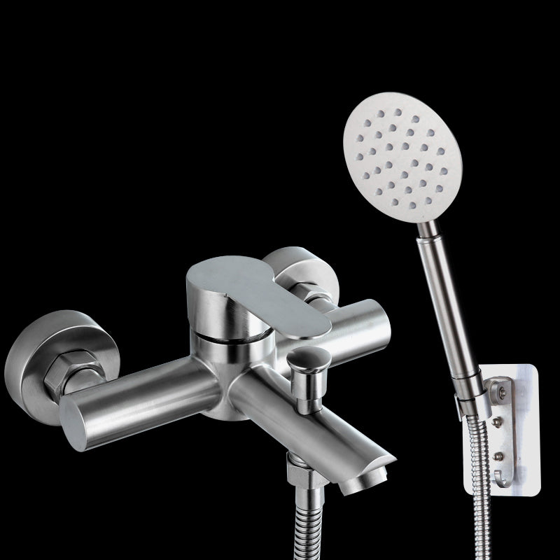 Popular Tub Filler Trim 304 Stainless Steel Wall Mounted Tub Filler Silver Round Shower Head & Non Perforated Base Risers Not Included Clearhalo 'Bathroom Remodel & Bathroom Fixtures' 'Bathtub Faucets' 'bathtub_faucets' 'Home Improvement' 'home_improvement' 'home_improvement_bathtub_faucets' 7390895