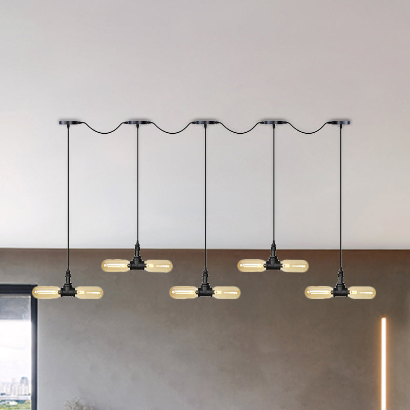 Amber Glass Black Hanging Light Capsule 6/10/14-Light Antiqued LED Tandem Multi Lamp Pendant Clearhalo 'Ceiling Lights' 'Glass shade' 'Glass' 'Industrial Pendants' 'Industrial' 'Middle Century Pendants' 'Pendant Lights' 'Pendants' 'Tiffany' Lighting' 739090