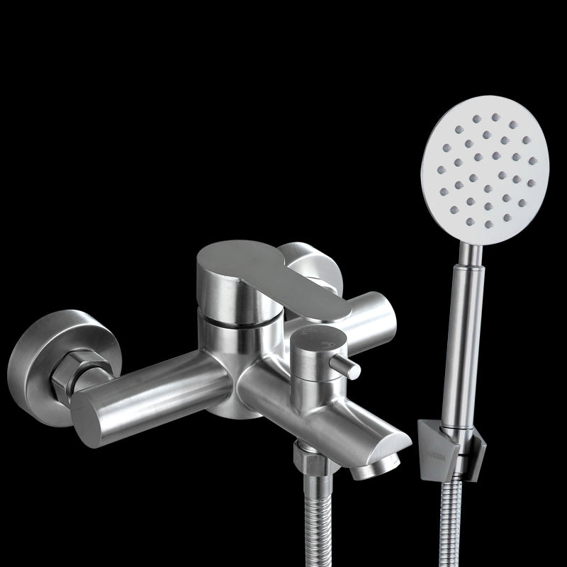 Popular Tub Filler Trim 304 Stainless Steel Wall Mounted Tub Filler Nickel Round Shower Head & Base Risers Not Included Clearhalo 'Bathroom Remodel & Bathroom Fixtures' 'Bathtub Faucets' 'bathtub_faucets' 'Home Improvement' 'home_improvement' 'home_improvement_bathtub_faucets' 7390906