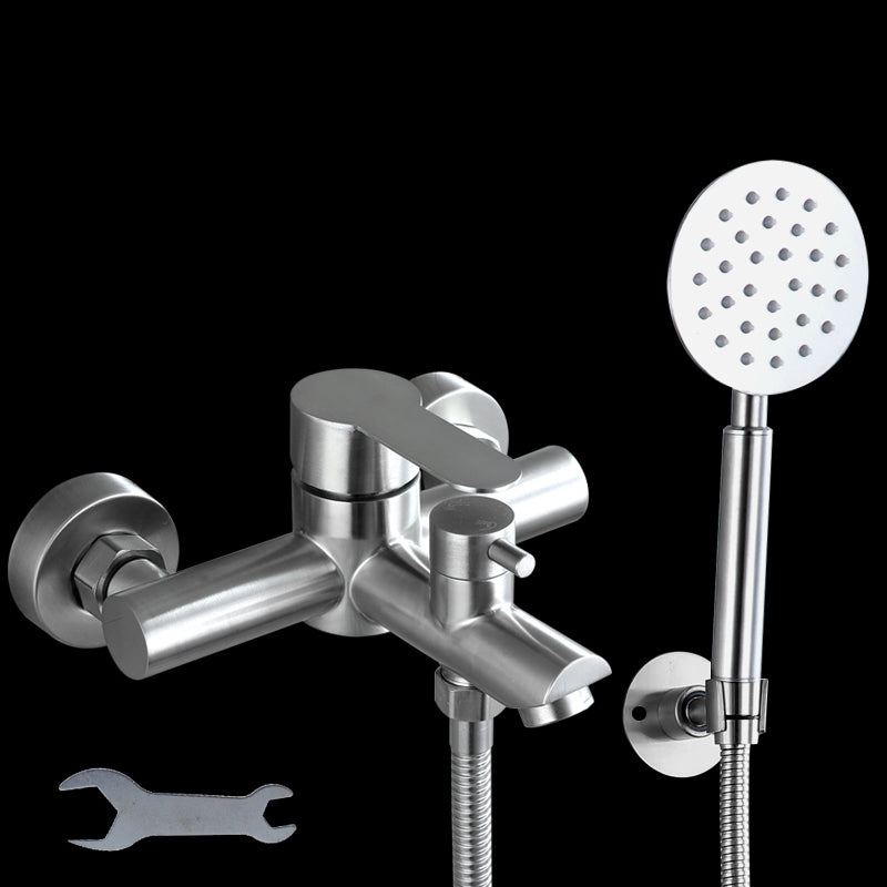 Popular Tub Filler Trim 304 Stainless Steel Wall Mounted Tub Filler Nickel Round Shower Head & Omni-Directional Base Risers Not Included Clearhalo 'Bathroom Remodel & Bathroom Fixtures' 'Bathtub Faucets' 'bathtub_faucets' 'Home Improvement' 'home_improvement' 'home_improvement_bathtub_faucets' 7390908
