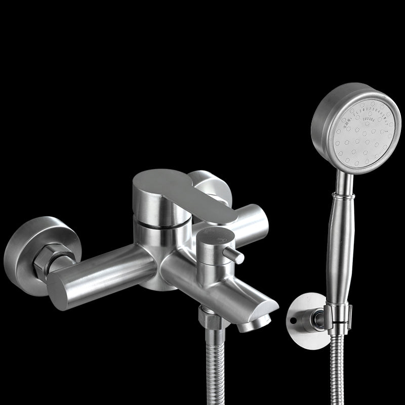 Popular Tub Filler Trim 304 Stainless Steel Wall Mounted Tub Filler Nickel Pressurized Shower Head & Omni-Directional Base Risers Not Included Clearhalo 'Bathroom Remodel & Bathroom Fixtures' 'Bathtub Faucets' 'bathtub_faucets' 'Home Improvement' 'home_improvement' 'home_improvement_bathtub_faucets' 7390910
