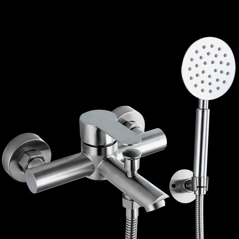 Popular Tub Filler Trim 304 Stainless Steel Wall Mounted Tub Filler Silver Round Shower Head & Omni-Directional Base Risers Not Included Clearhalo 'Bathroom Remodel & Bathroom Fixtures' 'Bathtub Faucets' 'bathtub_faucets' 'Home Improvement' 'home_improvement' 'home_improvement_bathtub_faucets' 7390912
