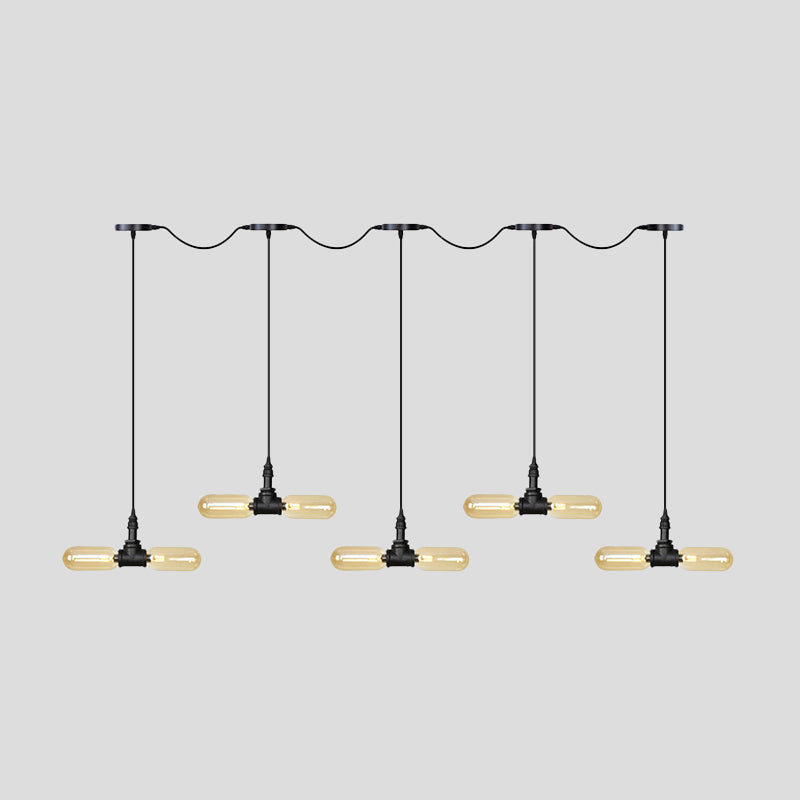 Amber Glass Black Hanging Light Capsule 6/10/14-Light Antiqued LED Tandem Multi Lamp Pendant Clearhalo 'Ceiling Lights' 'Glass shade' 'Glass' 'Industrial Pendants' 'Industrial' 'Middle Century Pendants' 'Pendant Lights' 'Pendants' 'Tiffany' Lighting' 739092