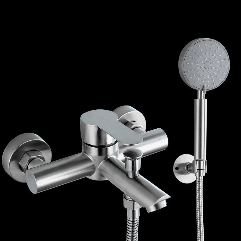 Popular Tub Filler Trim 304 Stainless Steel Wall Mounted Tub Filler Silver Tri-Mode Shower Head & Omni-Directional Base Risers Not Included Clearhalo 'Bathroom Remodel & Bathroom Fixtures' 'Bathtub Faucets' 'bathtub_faucets' 'Home Improvement' 'home_improvement' 'home_improvement_bathtub_faucets' 7390921