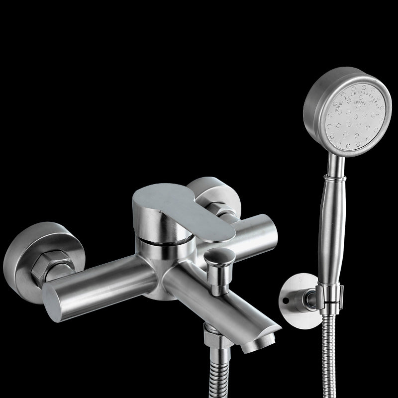 Popular Tub Filler Trim 304 Stainless Steel Wall Mounted Tub Filler Silver Pressurized Shower Head & Omni-Directional Base Risers Not Included Clearhalo 'Bathroom Remodel & Bathroom Fixtures' 'Bathtub Faucets' 'bathtub_faucets' 'Home Improvement' 'home_improvement' 'home_improvement_bathtub_faucets' 7390922