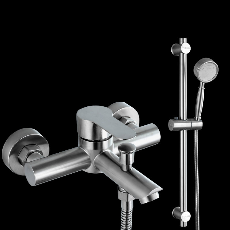 Popular Tub Filler Trim 304 Stainless Steel Wall Mounted Tub Filler Silver Pressurized Shower Head Risers Included Clearhalo 'Bathroom Remodel & Bathroom Fixtures' 'Bathtub Faucets' 'bathtub_faucets' 'Home Improvement' 'home_improvement' 'home_improvement_bathtub_faucets' 7390923