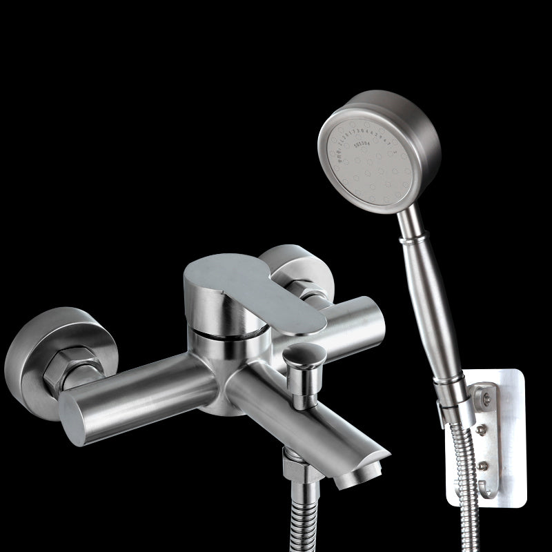 Popular Tub Filler Trim 304 Stainless Steel Wall Mounted Tub Filler Silver Pressurized Shower Head & Non Perforated Base Risers Not Included Clearhalo 'Bathroom Remodel & Bathroom Fixtures' 'Bathtub Faucets' 'bathtub_faucets' 'Home Improvement' 'home_improvement' 'home_improvement_bathtub_faucets' 7390924