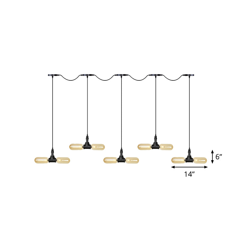 Amber Glass Black Hanging Light Capsule 6/10/14-Light Antiqued LED Tandem Multi Lamp Pendant Clearhalo 'Ceiling Lights' 'Glass shade' 'Glass' 'Industrial Pendants' 'Industrial' 'Middle Century Pendants' 'Pendant Lights' 'Pendants' 'Tiffany' Lighting' 739093