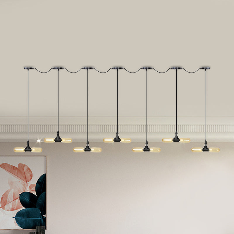 Amber Glass Black Hanging Light Capsule 6/10/14-Light Antiqued LED Tandem Multi Lamp Pendant Clearhalo 'Ceiling Lights' 'Glass shade' 'Glass' 'Industrial Pendants' 'Industrial' 'Middle Century Pendants' 'Pendant Lights' 'Pendants' 'Tiffany' Lighting' 739095