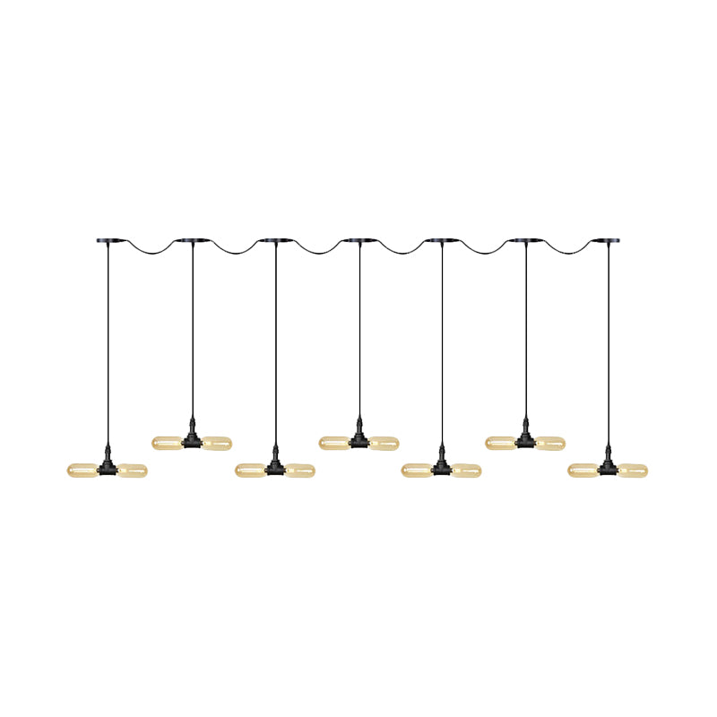 Amber Glass Black Hanging Light Capsule 6/10/14-Light Antiqued LED Tandem Multi Lamp Pendant Clearhalo 'Ceiling Lights' 'Glass shade' 'Glass' 'Industrial Pendants' 'Industrial' 'Middle Century Pendants' 'Pendant Lights' 'Pendants' 'Tiffany' Lighting' 739096