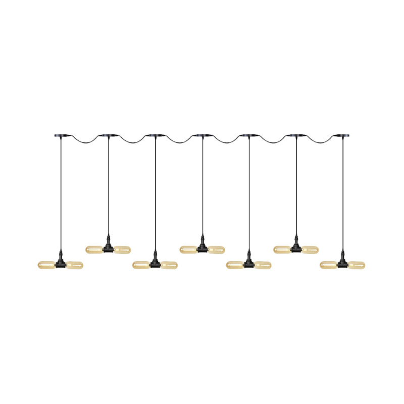 Amber Glass Black Hanging Light Capsule 6/10/14-Light Antiqued LED Tandem Multi Lamp Pendant Clearhalo 'Ceiling Lights' 'Glass shade' 'Glass' 'Industrial Pendants' 'Industrial' 'Middle Century Pendants' 'Pendant Lights' 'Pendants' 'Tiffany' Lighting' 739096