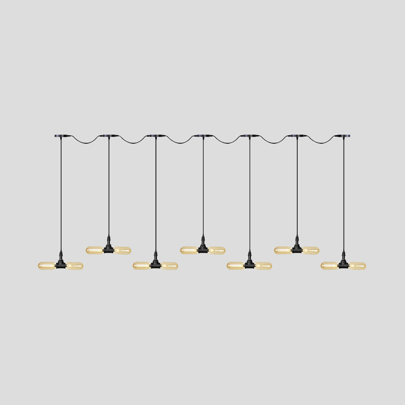 Amber Glass Black Hanging Light Capsule 6/10/14-Light Antiqued LED Tandem Multi Lamp Pendant Clearhalo 'Ceiling Lights' 'Glass shade' 'Glass' 'Industrial Pendants' 'Industrial' 'Middle Century Pendants' 'Pendant Lights' 'Pendants' 'Tiffany' Lighting' 739097
