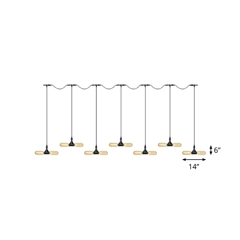Amber Glass Black Hanging Light Capsule 6/10/14-Light Antiqued LED Tandem Multi Lamp Pendant Clearhalo 'Ceiling Lights' 'Glass shade' 'Glass' 'Industrial Pendants' 'Industrial' 'Middle Century Pendants' 'Pendant Lights' 'Pendants' 'Tiffany' Lighting' 739098