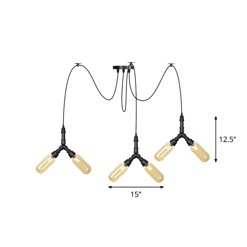 Industrial Capsule Multiple Hanging Light 4/6/12-Head Amber Glass Swag LED Ceiling Lamp in Black Clearhalo 'Ceiling Lights' 'Glass shade' 'Glass' 'Industrial Pendants' 'Industrial' 'Middle Century Pendants' 'Pendant Lights' 'Pendants' 'Tiffany' Lighting' 739107