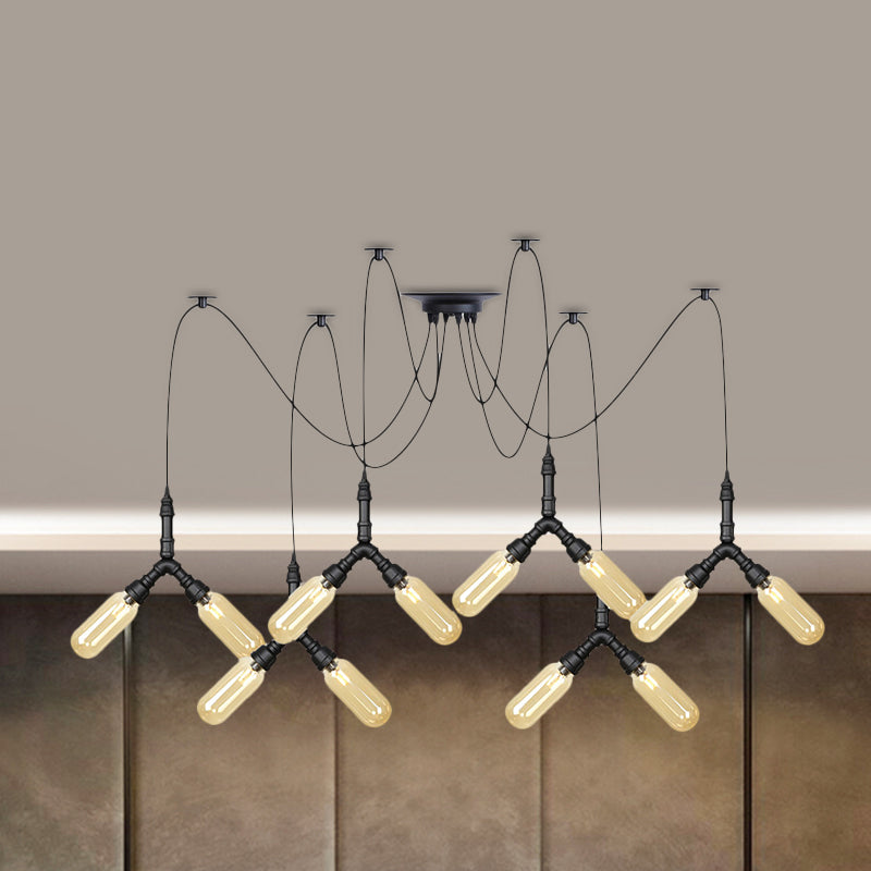 Industrial Capsule Multiple Hanging Light 4/6/12-Head Amber Glass Swag LED Ceiling Lamp in Black Clearhalo 'Ceiling Lights' 'Glass shade' 'Glass' 'Industrial Pendants' 'Industrial' 'Middle Century Pendants' 'Pendant Lights' 'Pendants' 'Tiffany' Lighting' 739109